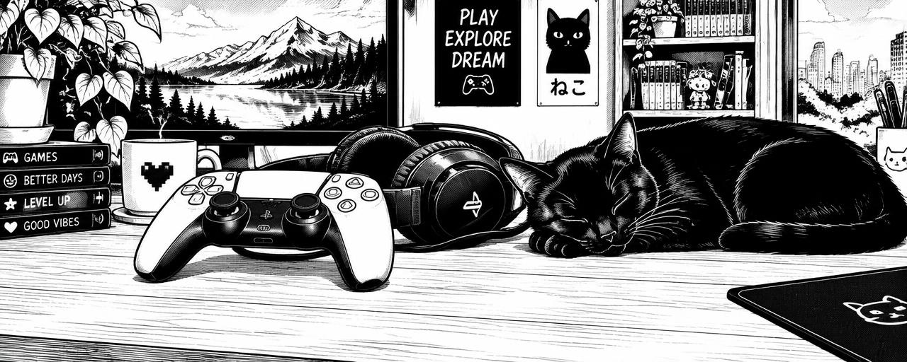 Gaming desk with sleeping cat